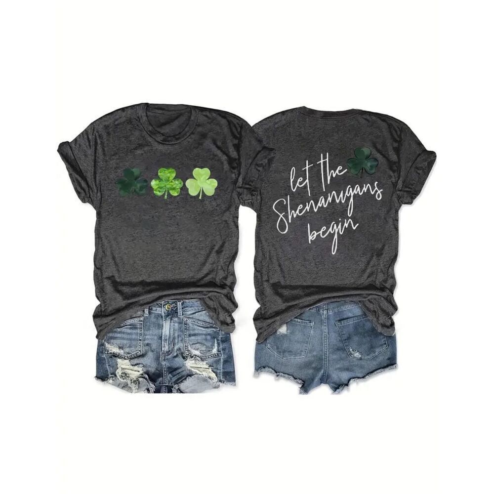 Let the Shenanigans Begin & Cute Clover short sleeve t-shirt charcoal grey sz me - Picture 3 of 3